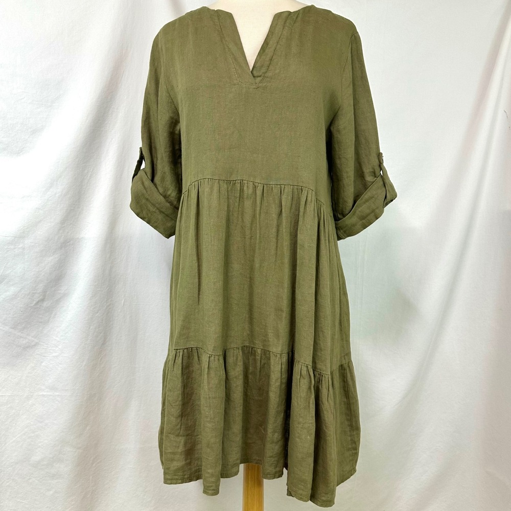 BELLAMBRA Made in Italy Olive Green 100% Linen Tiered Roll Tab Sleeve Dress S